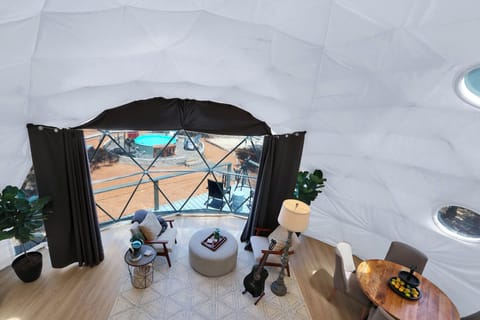 View from the top of the loft looking down at the living room.