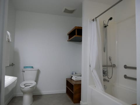 Room, 1 Queen Bed, Accessible | Bathroom | Hair dryer, towels, soap, shampoo