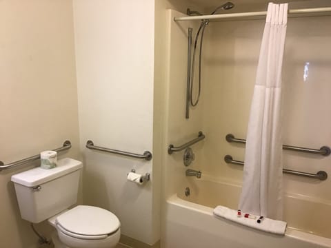 Accessible, 1 Queen, Non Smoking | Bathroom | Combined shower/tub, free toiletries, hair dryer, towels
