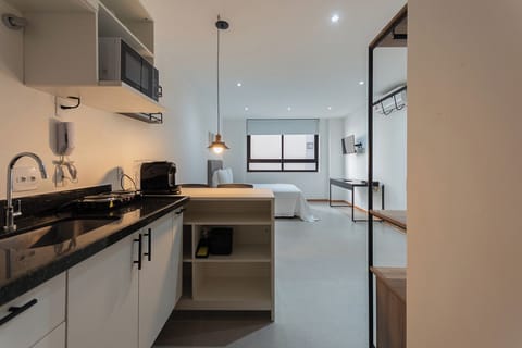 Basic Studio | Private kitchen | Fridge, stovetop, espresso maker, dining tables