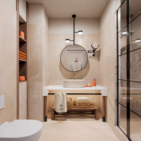 Hair dryer, bidet, towels