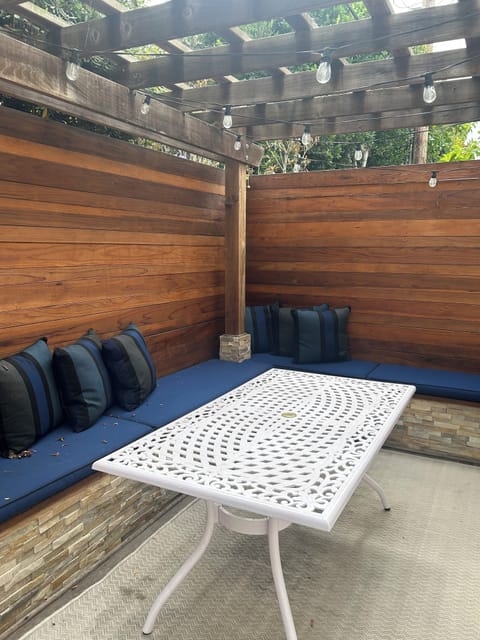 Private backyard patio seating area