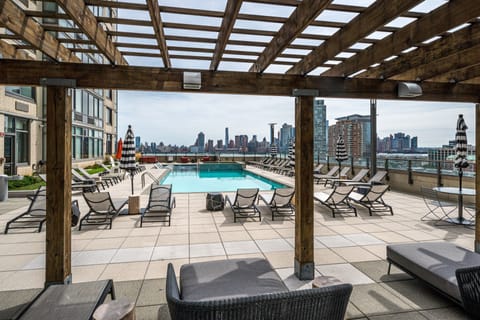 Seasonal outdoor pool, sun loungers