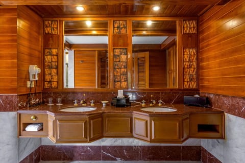 Separate tub and shower, free toiletries, hair dryer, bathrobes