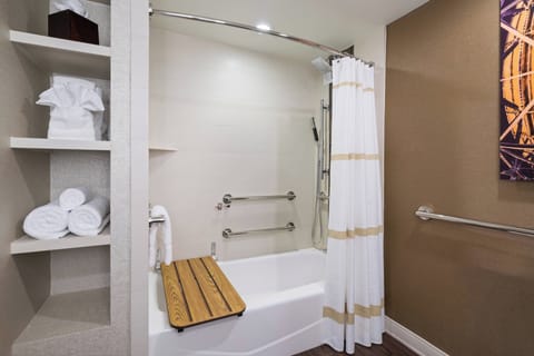 Combined shower/tub, free toiletries, hair dryer, towels