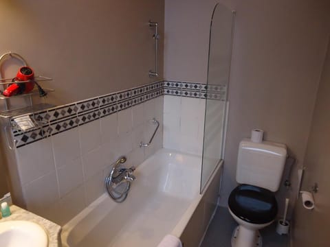 Combined shower/tub, free toiletries, hair dryer, towels