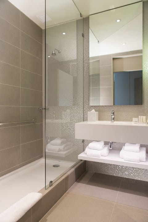 Combined shower/tub, free toiletries, hair dryer, towels