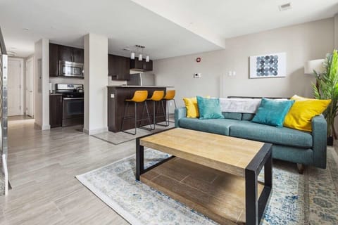 Vibrant lounge with kitchen