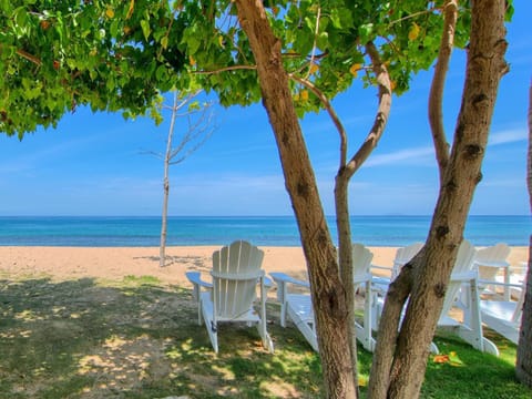 On the beach, sun loungers