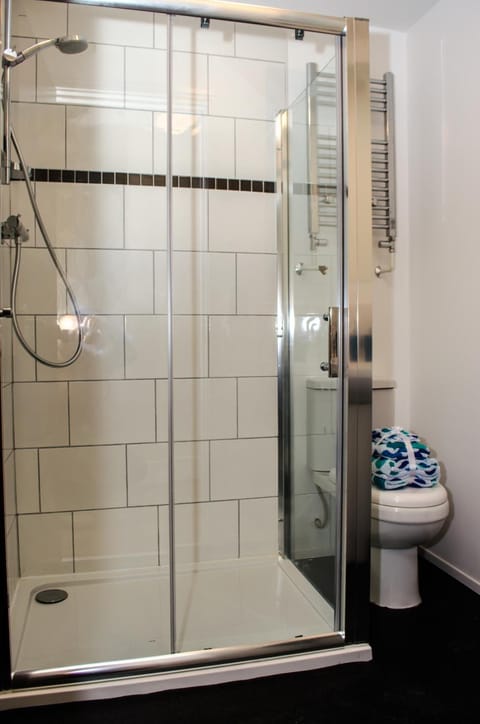 Shower, free toiletries, hair dryer, towels