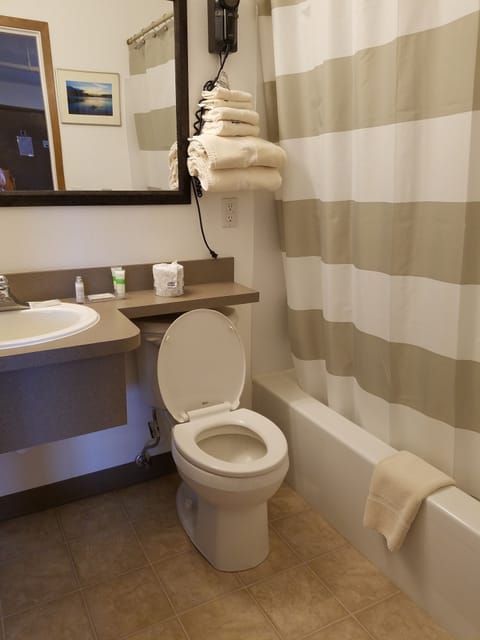 Standard Room, 1 Queen Bed | Bathroom | Combined shower/tub, hair dryer, towels