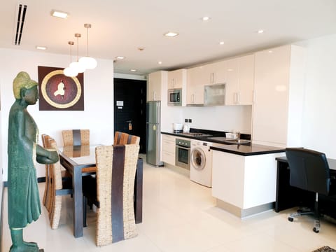 Family Penthouse, 3 Bedrooms, Sea View | Private kitchen | Full-size fridge, electric kettle, highchair, cleaning supplies