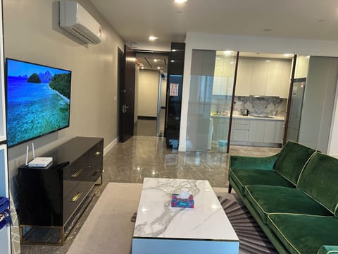 Luxury Apartment, 2 Bedrooms | Living area | 57-inch Smart TV with satellite channels, fireplace, books