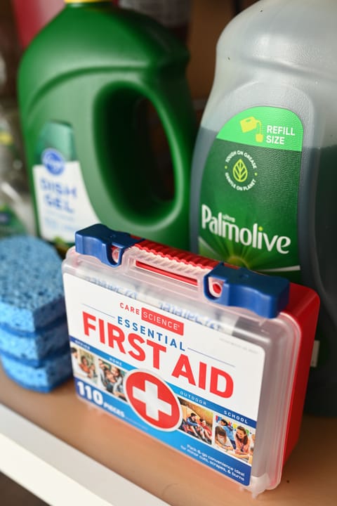 First aid kit, fire extinguisher, dish soap, hand soap, sponges, trash bags...all that you need!