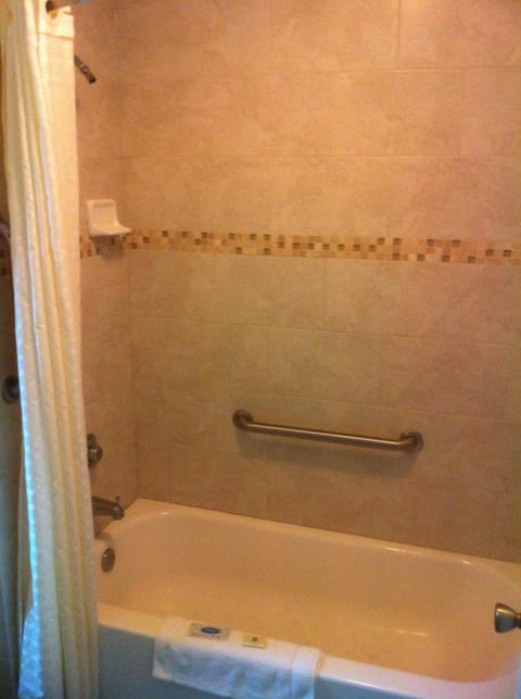 Combined shower/tub, free toiletries, hair dryer