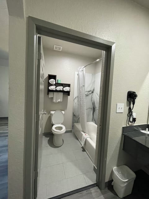 Combined shower/tub, hair dryer, towels