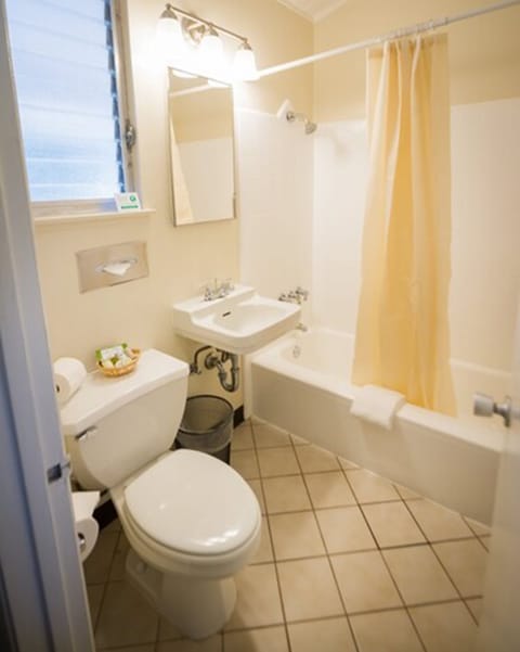 Combined shower/tub, free toiletries, hair dryer, towels