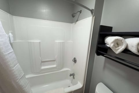 Combined shower/tub, free toiletries, hair dryer, towels