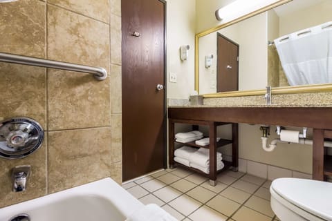 Combined shower/tub, free toiletries, hair dryer, towels