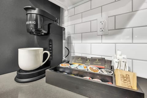 Start your day with complimentary coffee, tea, creamer and sweetner