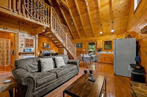 Cabin, 1 Queen Bed with Sofa bed, Hot Tub | Living area | 50-inch flat-screen TV with digital channels, TV, fireplace