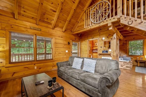 Cabin, 1 Queen Bed with Sofa bed, Hot Tub | Living area | 50-inch flat-screen TV with digital channels, TV, fireplace