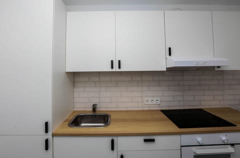 Basic Apartment | Private kitchen | Full-size fridge, stovetop, electric kettle, cookware/dishes/utensils