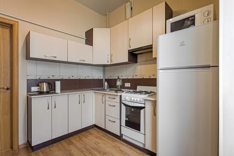 Apartment | Private kitchen | Fridge, electric kettle, cookware/dishes/utensils, cleaning supplies