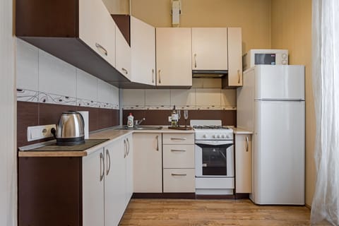 Apartment | Private kitchen | Fridge, electric kettle, cookware/dishes/utensils, cleaning supplies