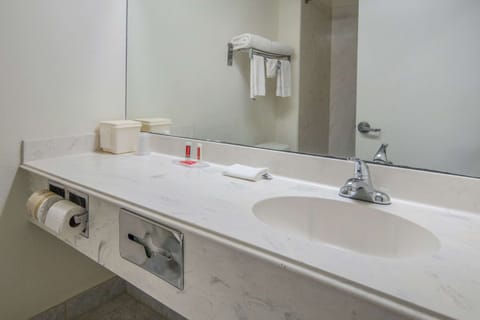 Combined shower/tub, deep soaking tub, hair dryer, towels