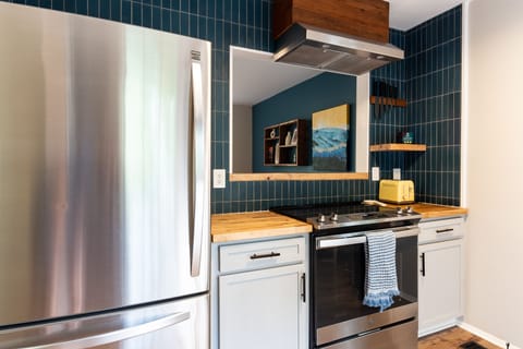 Stainless steel appliances, microwave, toaster. coffee maker, tea kettle, etc.