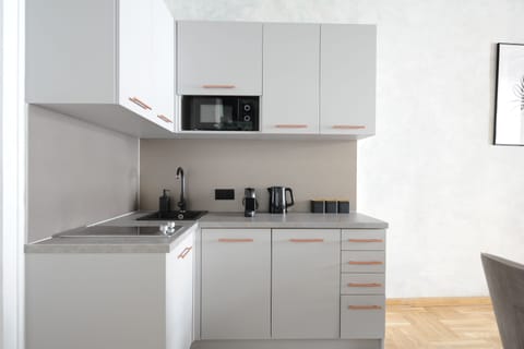 Design Apartment | Private kitchen | Full-size fridge, microwave, electric kettle, highchair