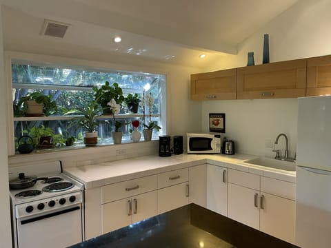 The kitchen: stove/oven, garden window, coffee maker, microwave, toaster, fridge