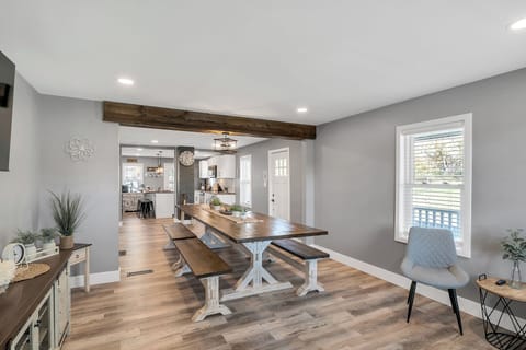 Our custom built table seats up to 16 for meals, games, or visiting!