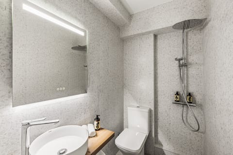 Rainfall showerhead, hair dryer, towels