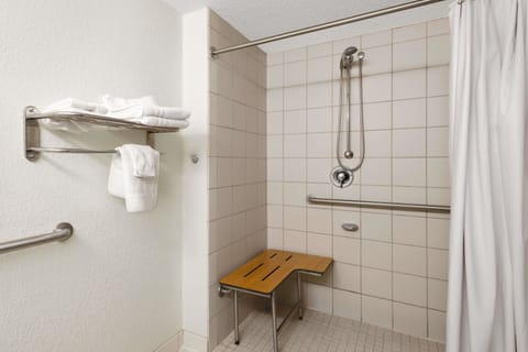 Combined shower/tub, free toiletries, hair dryer, towels