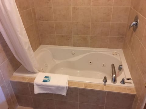 Combined shower/tub, free toiletries, hair dryer, towels