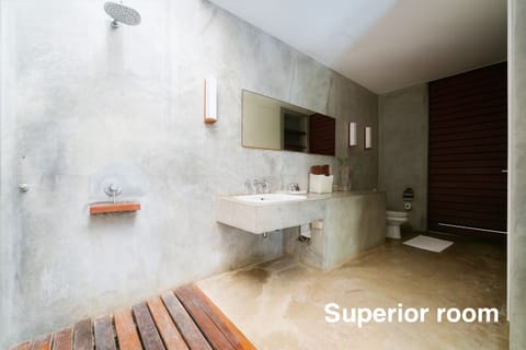 Shower, rainfall showerhead, hair dryer, towels