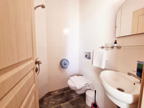 Ground Floor Room Without Window | Bathroom | Shower, hair dryer, slippers, towels