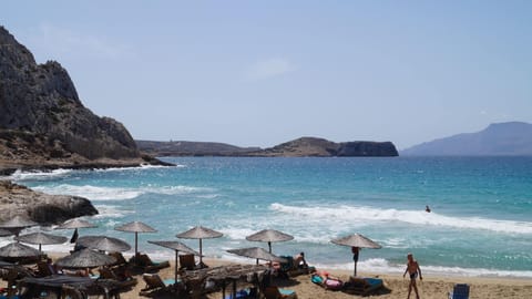 On the beach, sun loungers, beach umbrellas