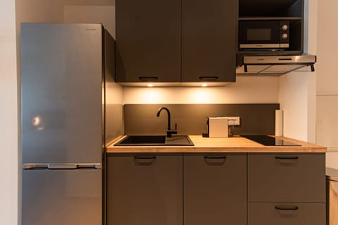 Basic Studio | Private kitchen | Full-size fridge, microwave, oven, stovetop