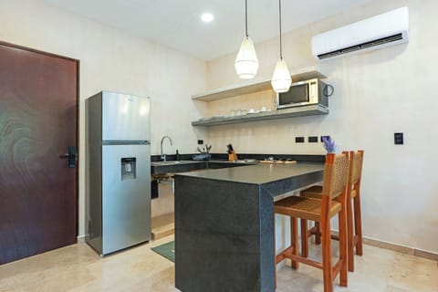 Deluxe Apartment | Private kitchen | Full-size fridge, microwave, cookware/dishes/utensils, cleaning supplies