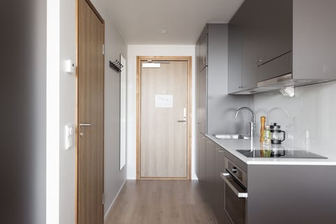 Desk, laptop workspace, blackout drapes, soundproofing