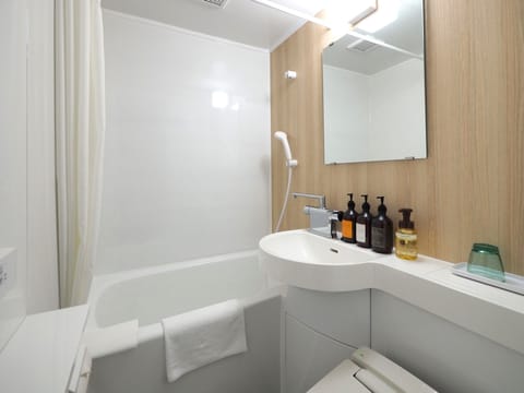 Combined shower/tub, hair dryer, slippers, electronic bidet