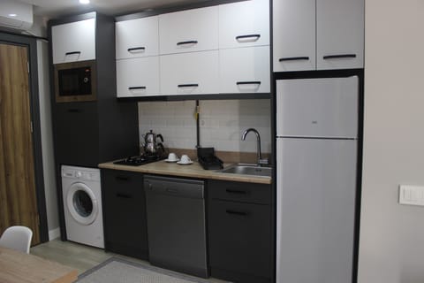 Full-size fridge, microwave, stovetop, dishwasher