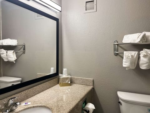 Combined shower/tub, towels, toilet paper