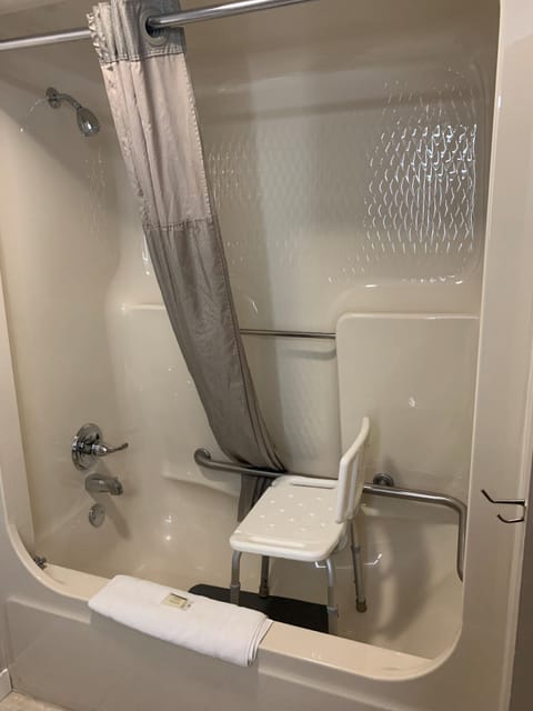 Combined shower/tub, free toiletries, hair dryer, towels