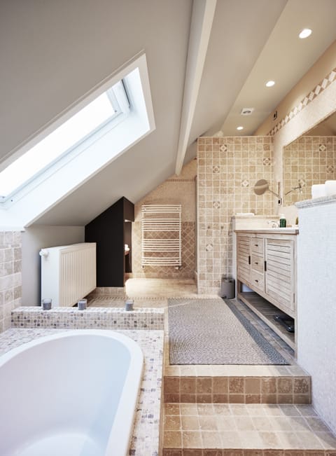 Luxury Double Room | Bathroom | Hair dryer, bathrobes, towels, soap