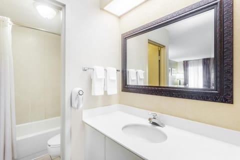 Combined shower/tub, free toiletries, hair dryer, towels