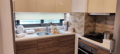 Full-size fridge, microwave, oven, coffee/tea maker